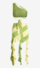 Robe deux-pièces asymétrique à franges vert mousse 