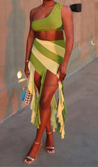 Robe deux-pièces asymétrique à franges vert mousse 