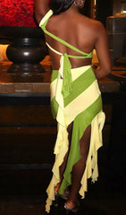Robe deux-pièces asymétrique à franges vert mousse 
