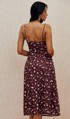 Robe bustier midi à fleurs bordeaux 