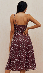 Robe bustier midi à fleurs bordeaux 
