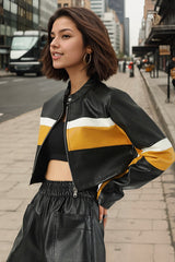 Veste courte slim sexy à empiècements contrastés en PU et col montant