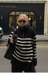 Pull rayé décontracté à col zippé demi-zip et revers rétro