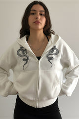 Snake Embroidery Oversized White Zip Hoodie
