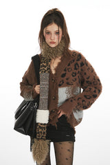 Cardigan chic en maille à col V patchwork imprimé léopard