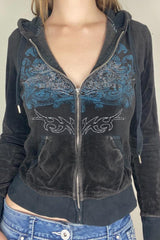 Sweat à capuche zippé imprimé strass