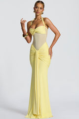 Robe de soirée moulante à empiècements en résille et ceinture sirène