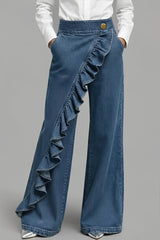 Asymmetric Ruffle Front Wide Leg Jeans