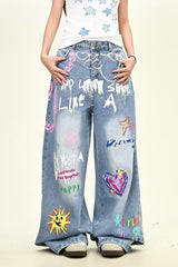 Jean oversize délavé à jambes droites brodé d'étoiles