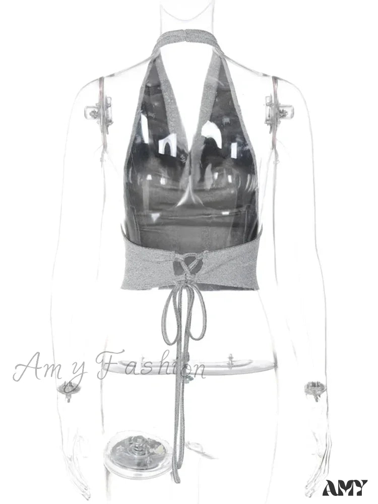 Amy - Bling Glitter Sequins Lace Up Backless Halter Vintage Crop Top