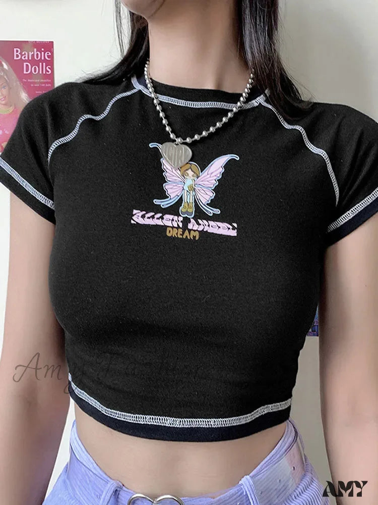 Amy - Butterfly Graphic Green Short Sleeve Vintage Tee Crop Top