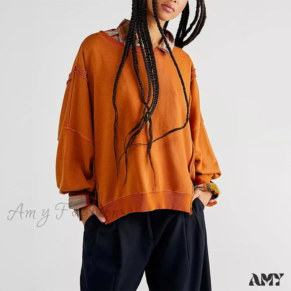 Amy Fashion - 100% Cotton Long Sleeve Pullover Sweatshirts Orrange / One Size