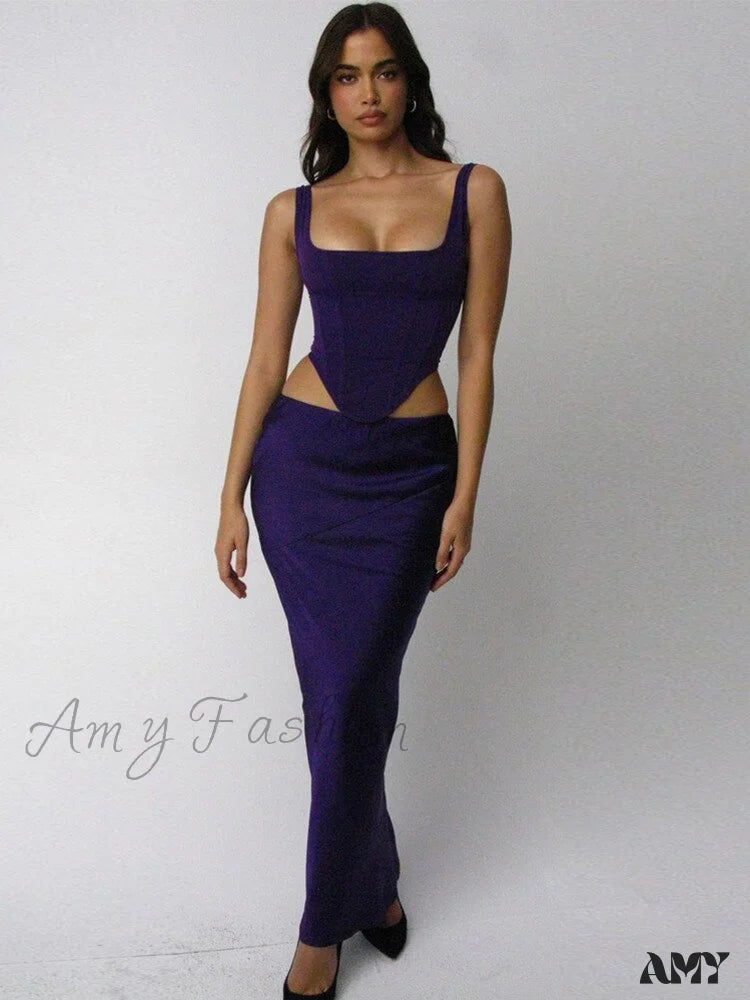 Amy Fashion - 2 Layer Lining Elastic Boned Underwire Split Dresses Purple / L