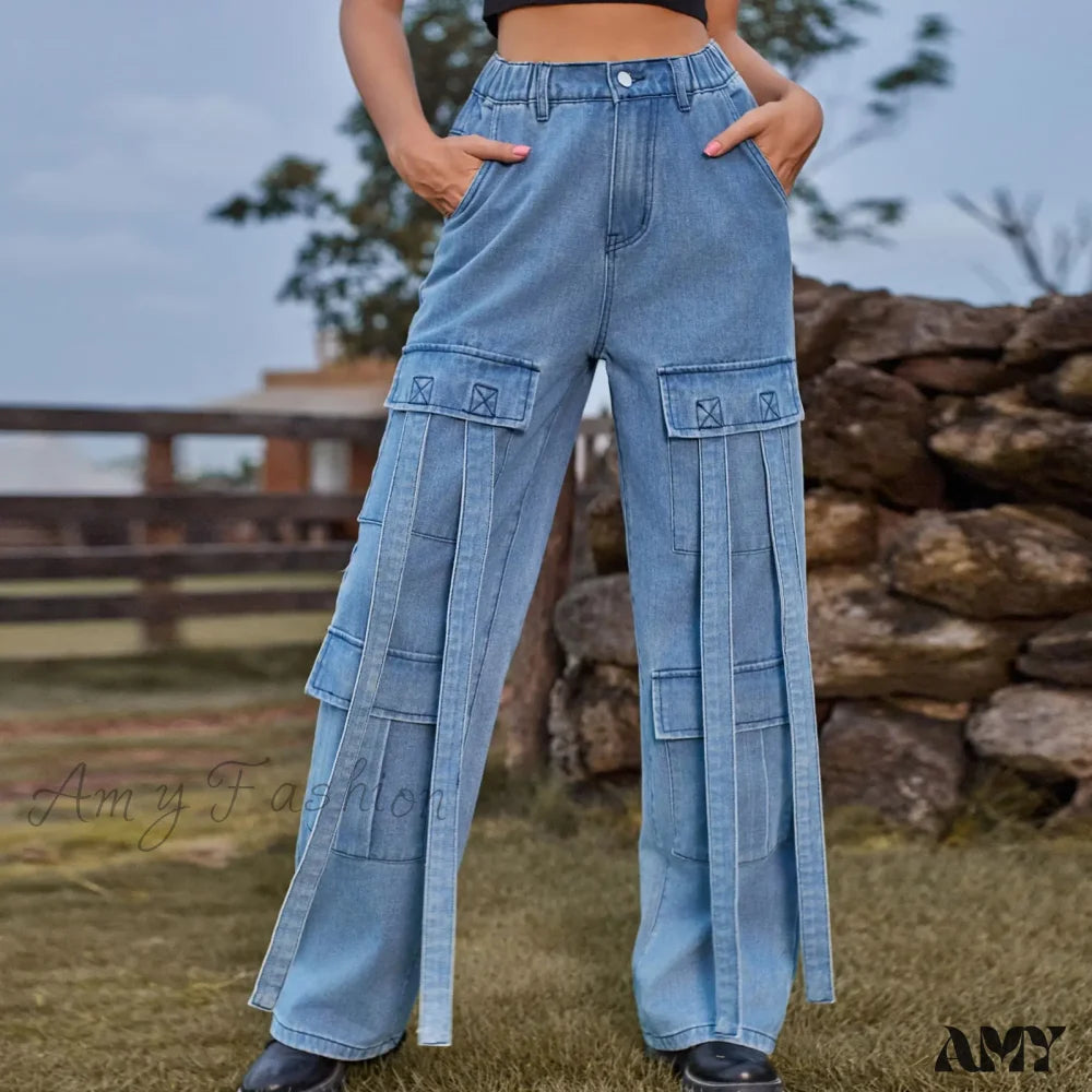 Amy Fashion - 90S Streetwear Blue Cargo Casual Big Pockets Overalls High Waist Straight Denim Jean