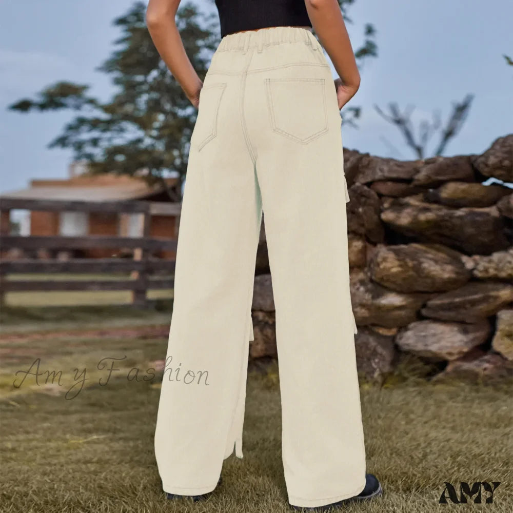 Amy Fashion - 90S Streetwear Blue Cargo Casual Big Pockets Overalls High Waist Straight Denim Jean