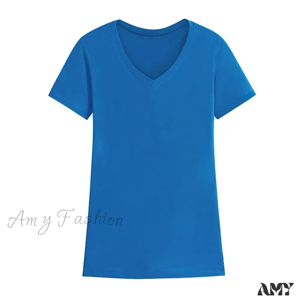 Amy Fashion - 95% Cotton Simple T-Shirt Blue / S