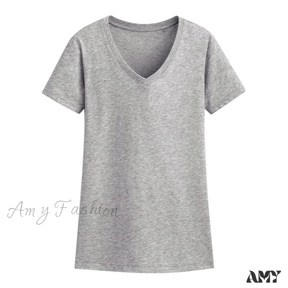 Amy Fashion - 95% Cotton Simple T-Shirt Gray / S