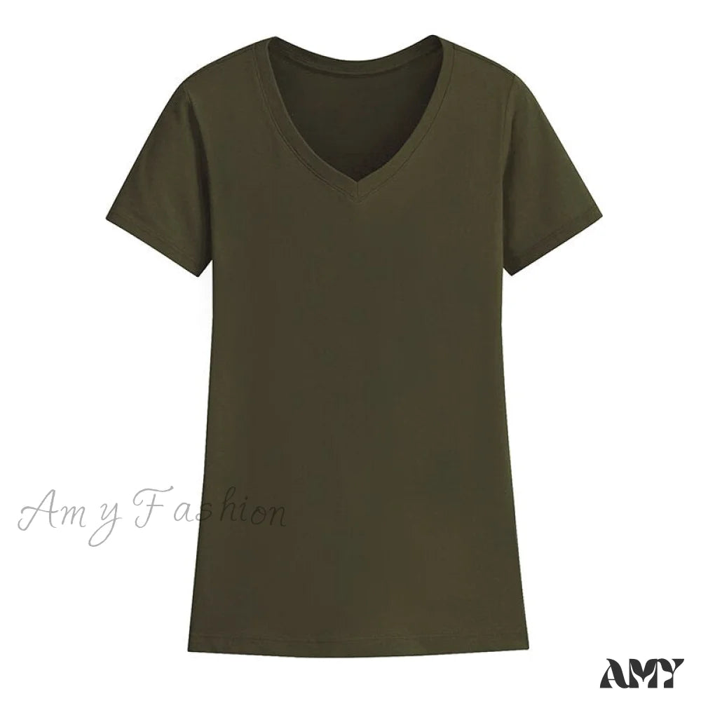Amy Fashion - 95% Cotton Simple T-Shirt Green / S