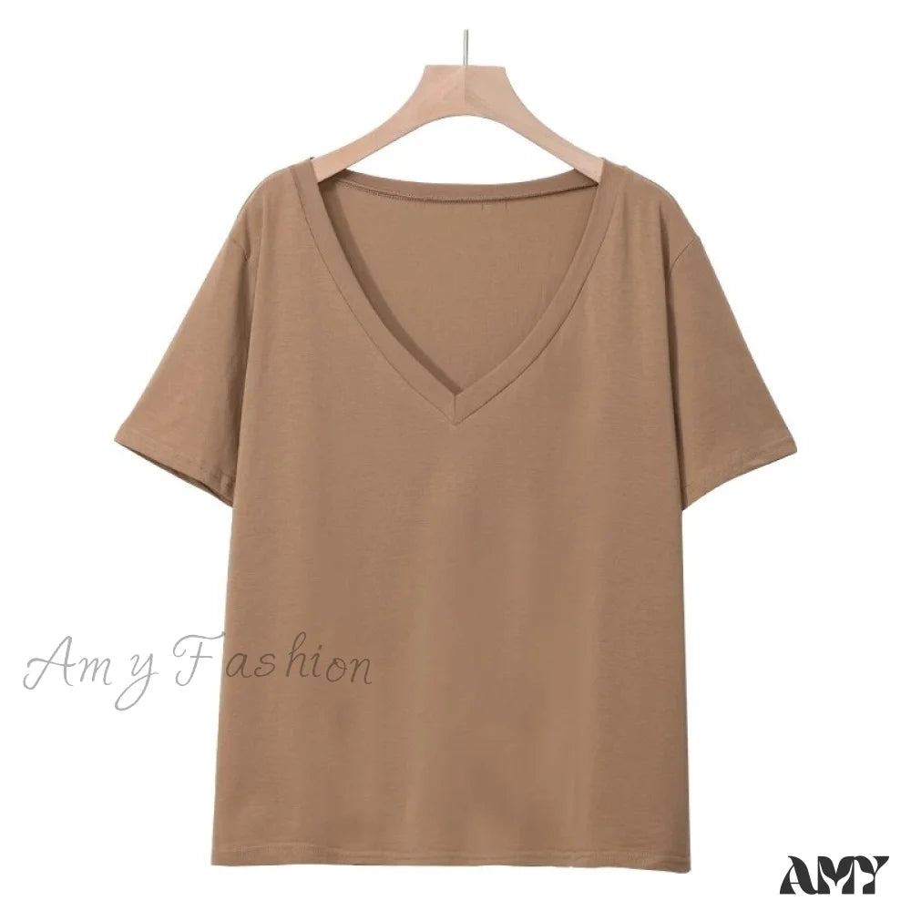Amy Fashion - 95% Cotton Simple T-Shirt Khaki / S