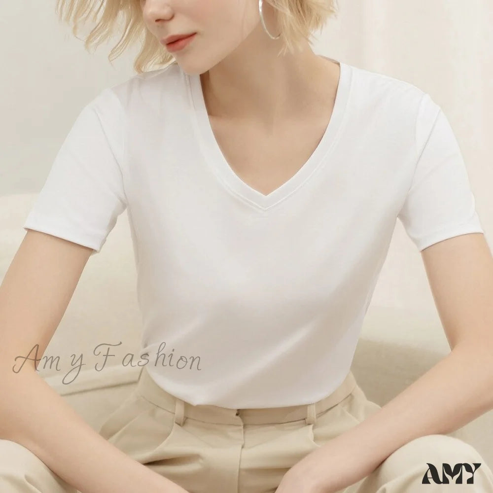Amy Fashion - 95% Cotton Simple T-Shirt White / S