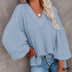 Amy Fashion - Autumn Knit V-Neck Long Lantern Sleeve Casual Sweater