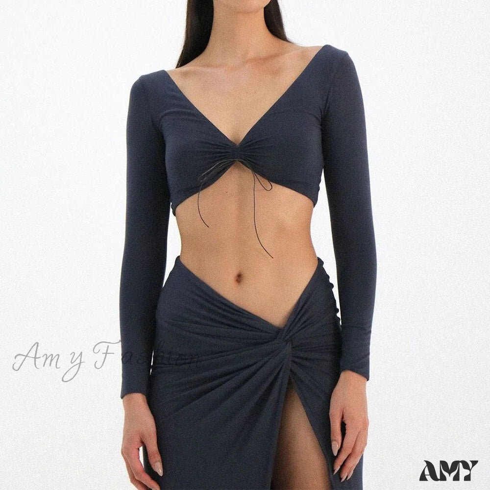 Amy Fashion - Backless Split Cut Out 2 Layer Elastic Bodycon Dress