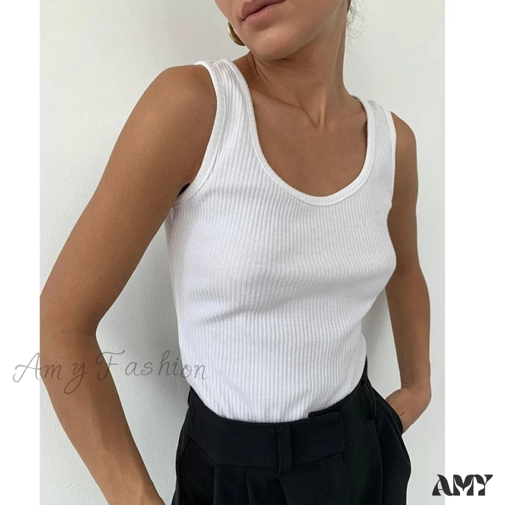 Amy Fashion - Basic Ribbed Knitted Tank Top White / Xs