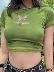 Amy Fashion - Butterfly Graphic Green Short Sleeve Vintage Tee Crop Top