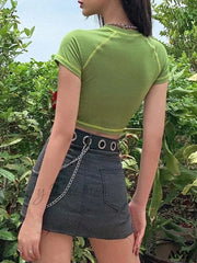 Amy Fashion - Butterfly Graphic Green Short Sleeve Vintage Tee Crop Top