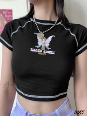 Amy Fashion - Butterfly Graphic Green Short Sleeve Vintage Tee Crop Top