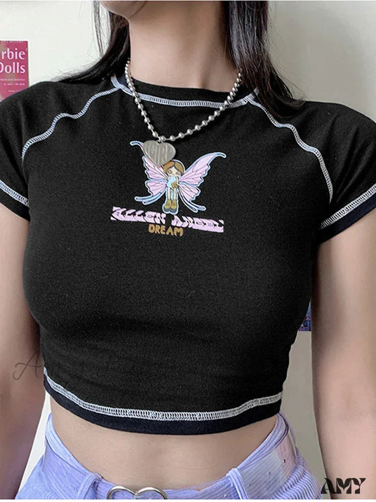 Amy Fashion - Butterfly Graphic Green Short Sleeve Vintage Tee Crop Top Black / S