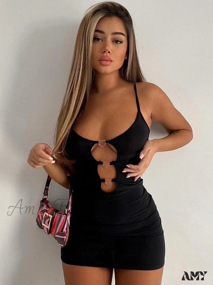 Amy Fashion - Camisole Heart Ring Decor Club Sexy Party Dress Black Bodycon / S