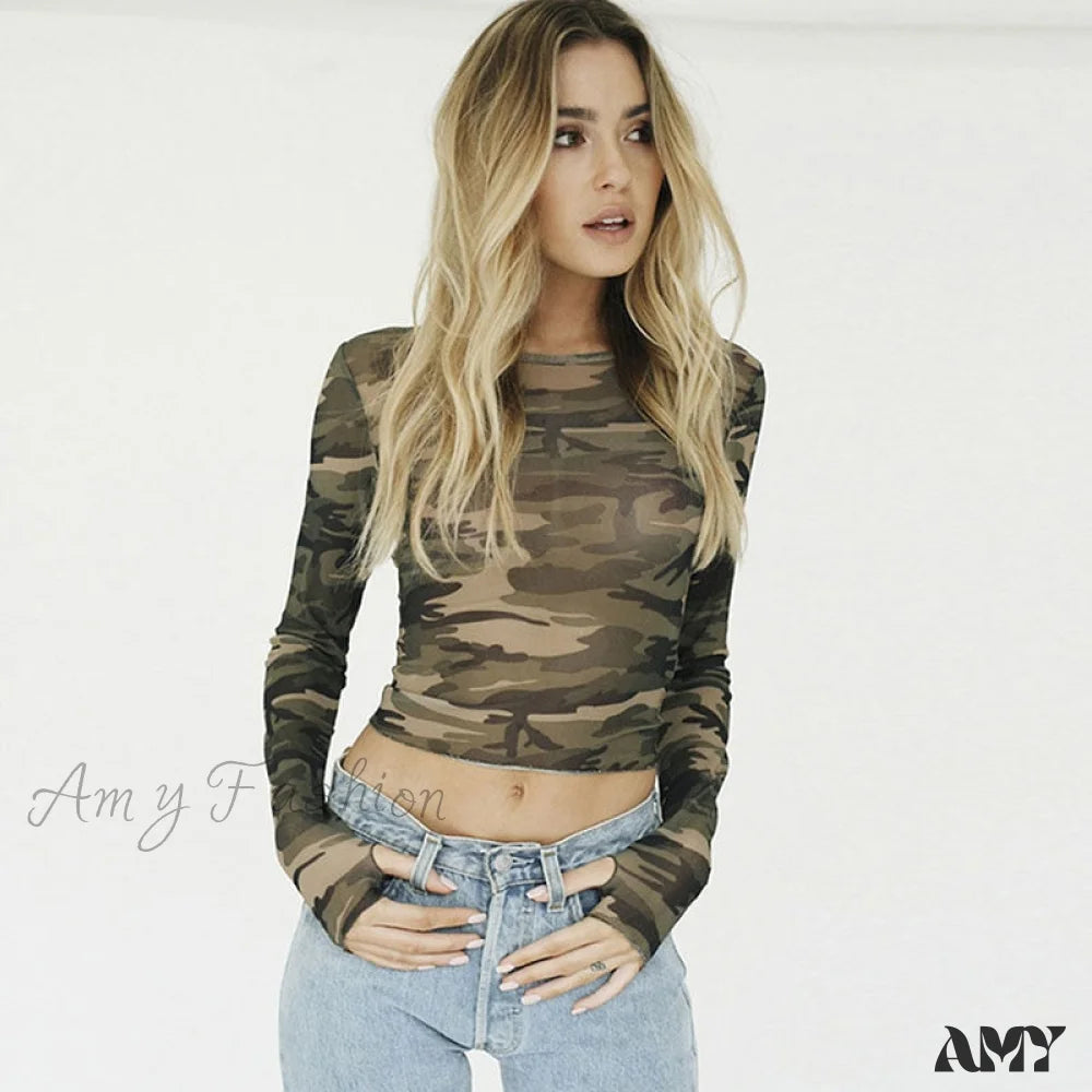 Amy Fashion - Camouflage Print T-Shirt Green / S