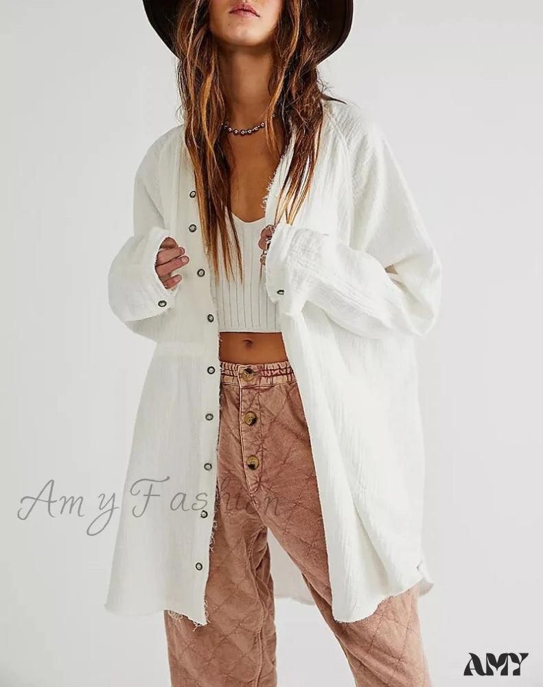 Amy Fashion - Casual Loose 100% Cotton Gauze Shirts