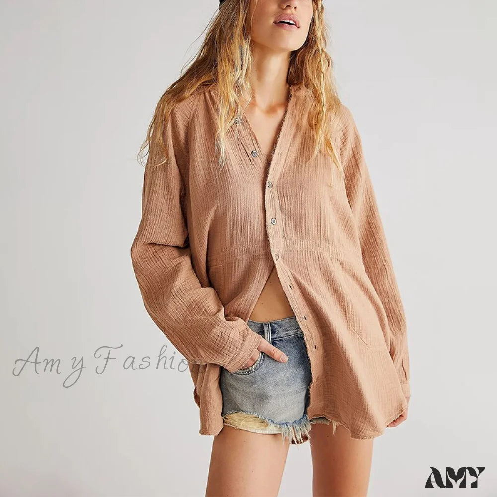Amy Fashion - Casual Loose 100% Cotton Gauze Shirts