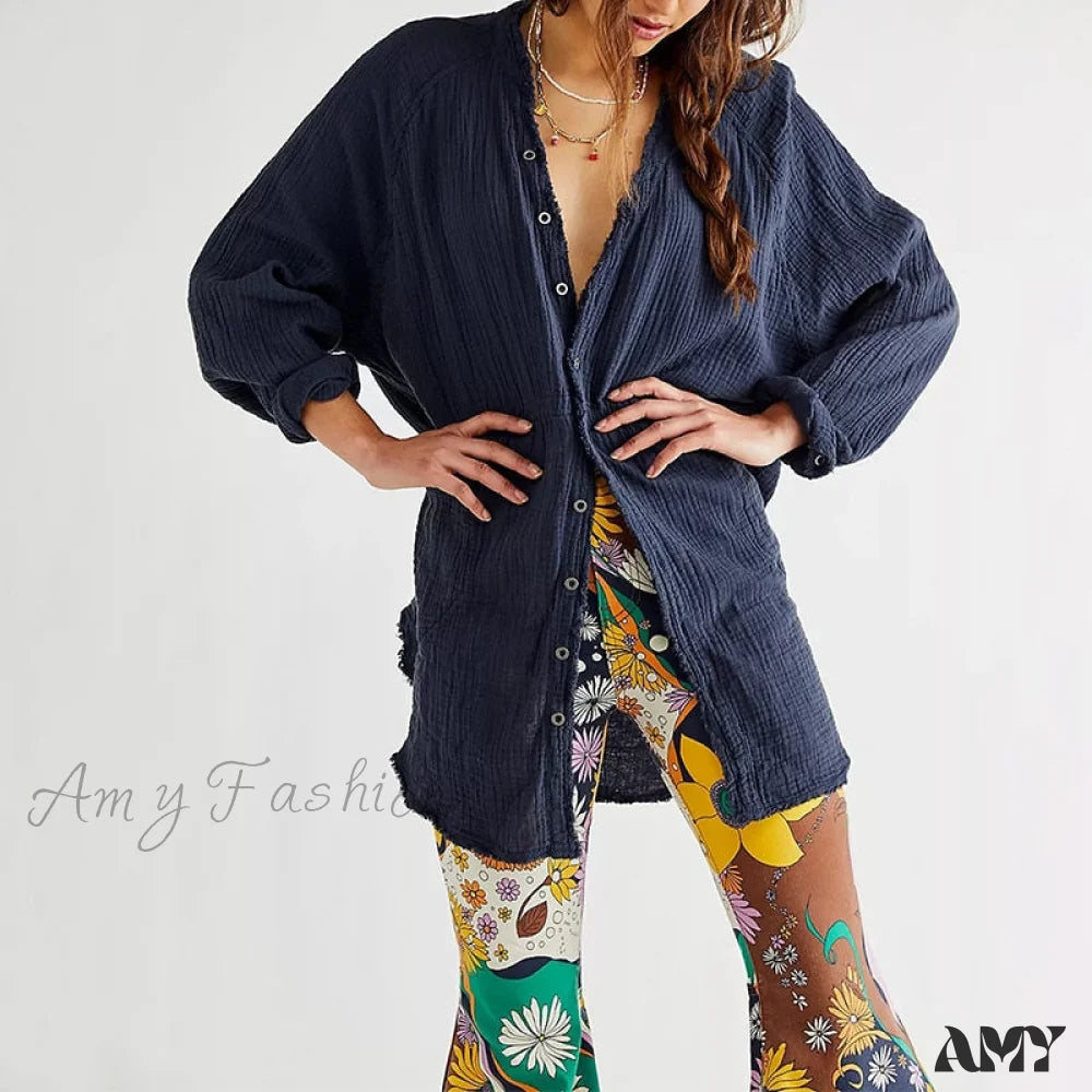 Amy Fashion - Casual Loose 100% Cotton Gauze Shirts Dark Blue / One Size