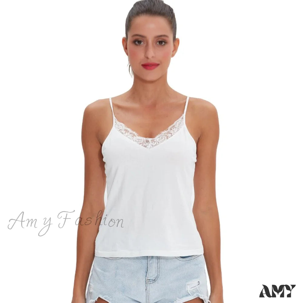 Amy Fashion - Casual Soft Elastic Cotton Lace Tank Tops White / S