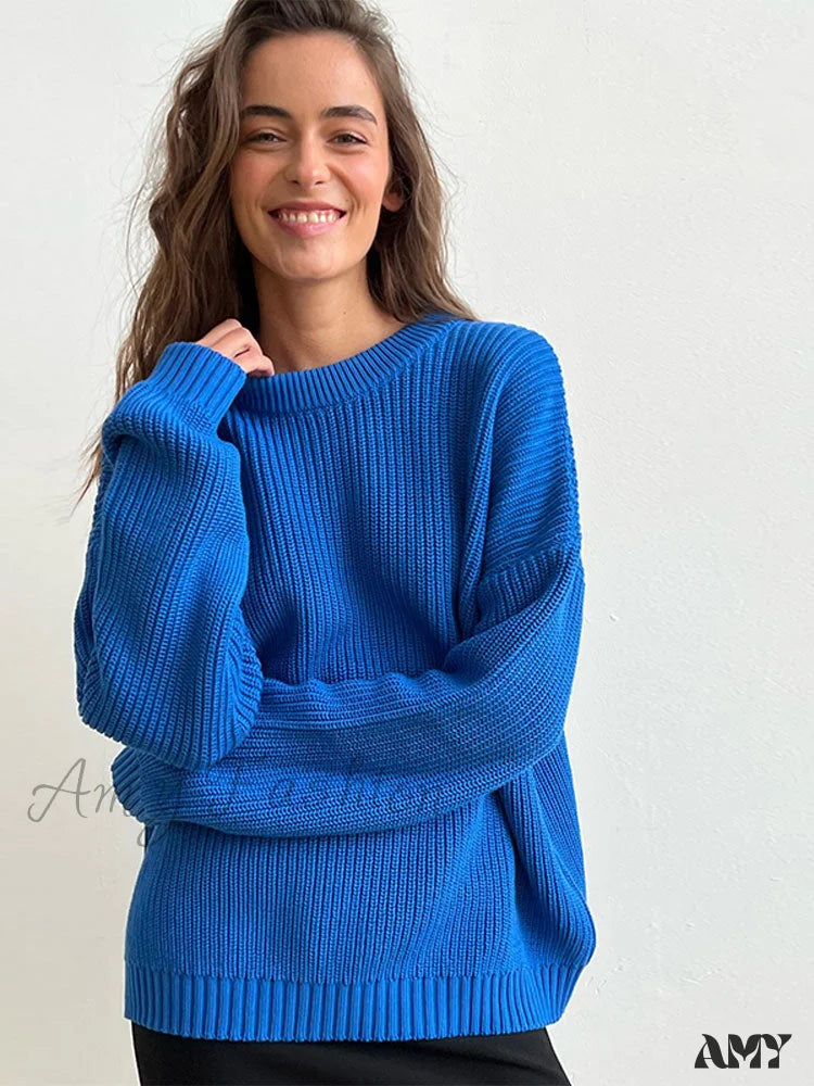 Amy Fashion - Chic O-Neck Elegant Knitted Sweater Pullovers Blue / S
