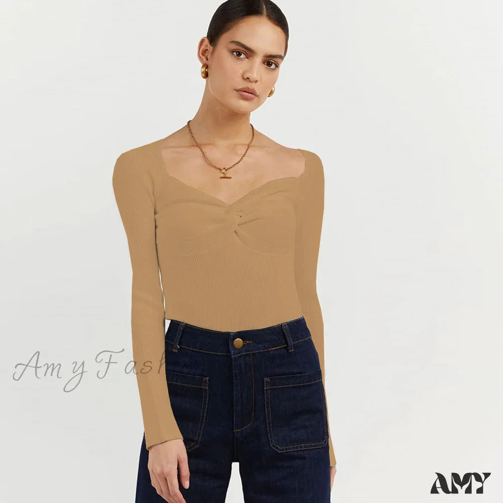 Amy Fashion - Chic Square Collar Short Sweaters Pullover Amber / S