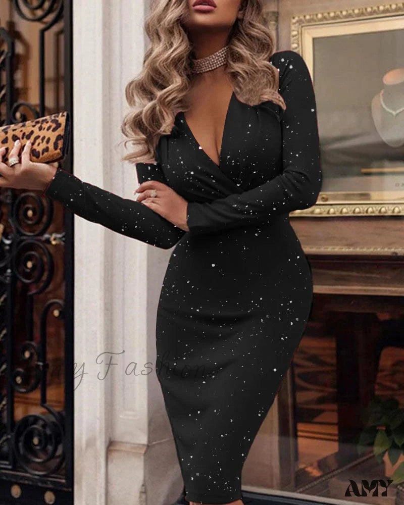 Amy Fashion - Christmas Glitter Ruched Sequins Skinny Sexy Robes Black / S