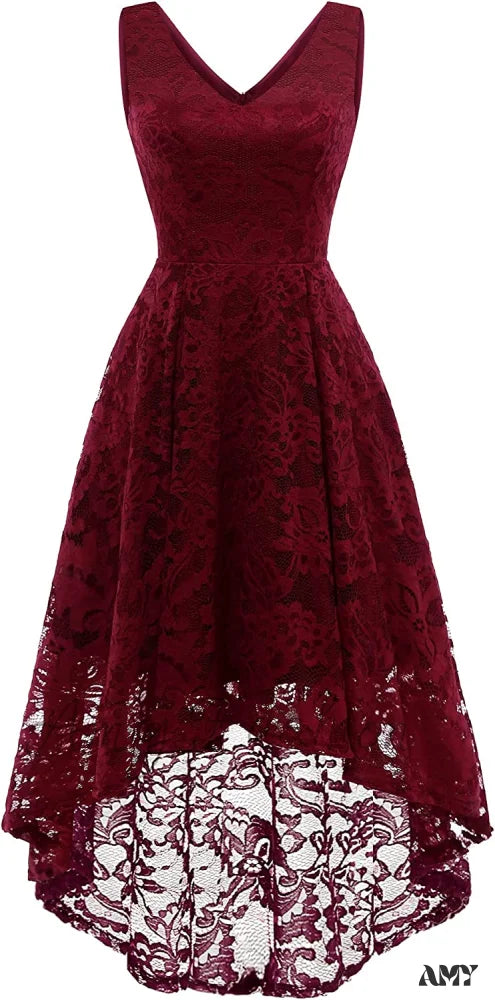 Amy Fashion - Christmas Vintage Floral Lace Sleeveless Formal Swing Dress V Neck-Darkred / X-Small