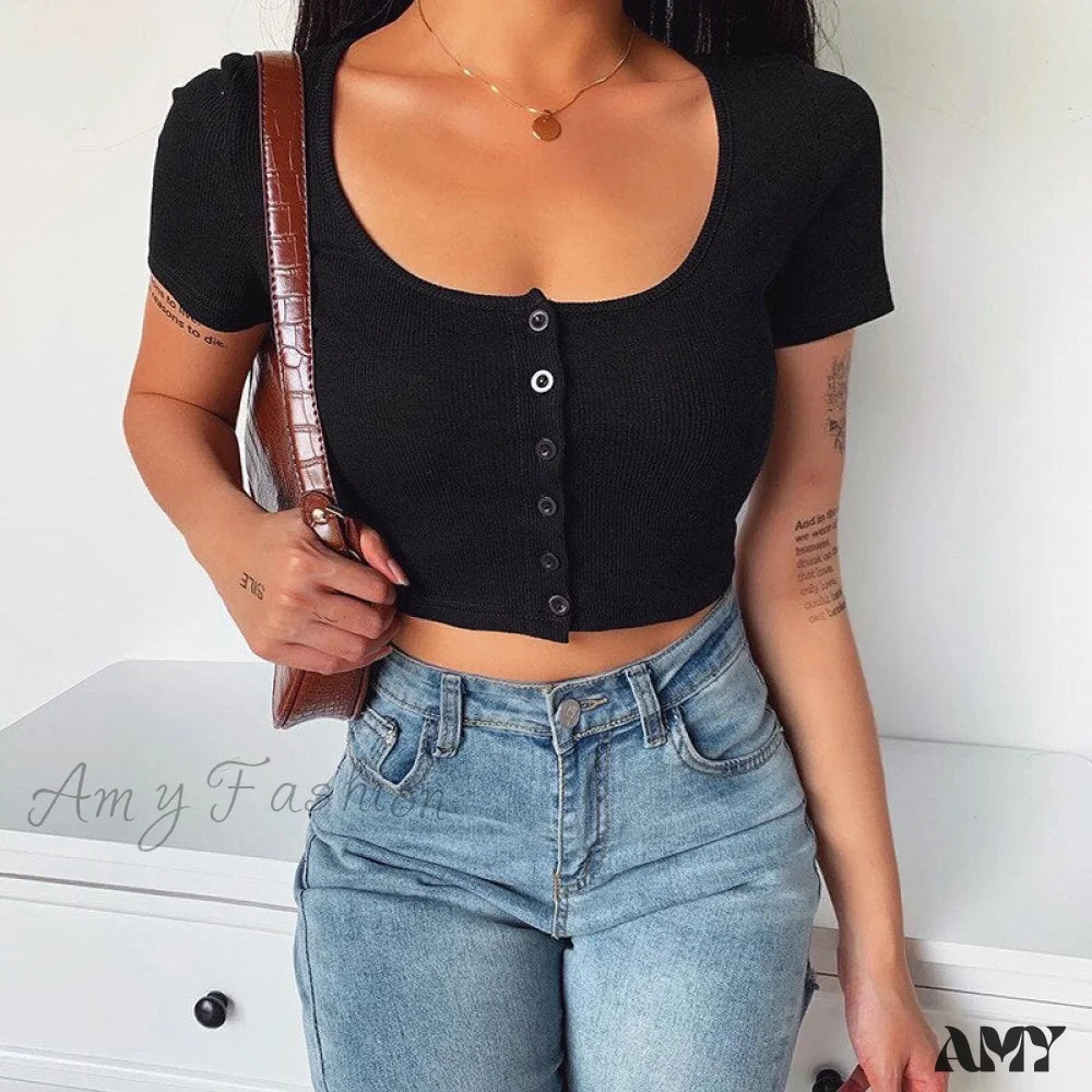Amy Fashion - Corset Skinny Knitted Tee Black / S