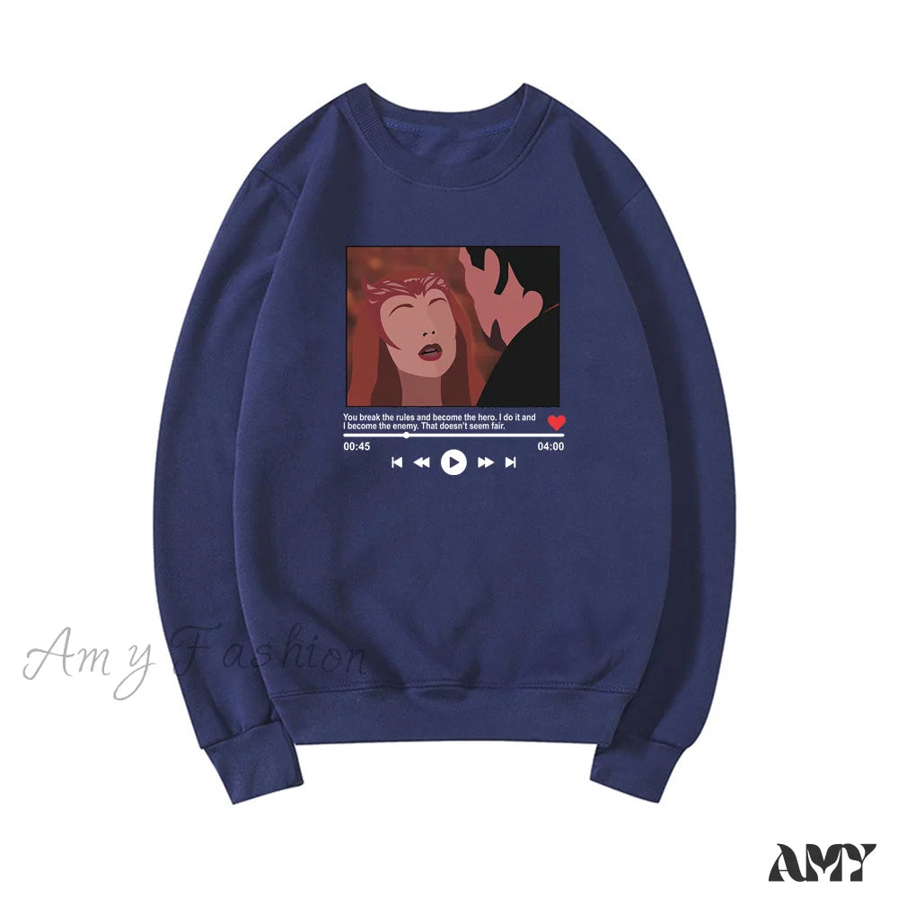 Amy Fashion - Cute Graphic Print Multi-Color Hoody Pullover Navy Blue / S
