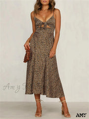 Amy Fashion - Dot Sling Knotted Sexy Hollow Dress Dark Brown / S
