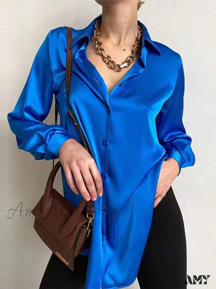 Amy Fashion - Elegant Long Sleeve Green Silk Blouse Blue / S