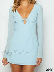 Amy Fashion - Elegant Long Sleeve Solid Casual Deep V Neck Mini Dress