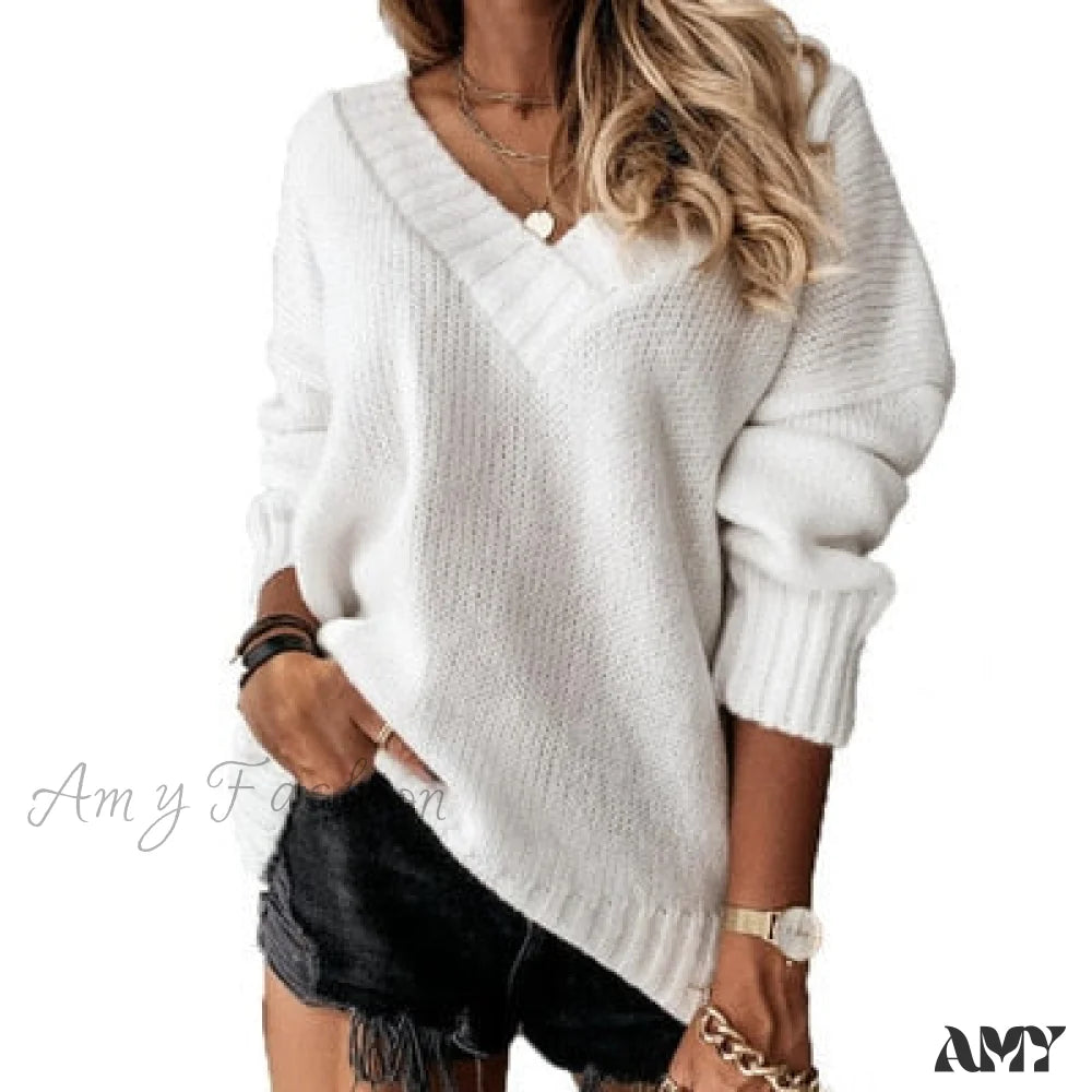 Amy Fashion - Elegant Loose Thick Long Sleeve Female Sweaters White / S