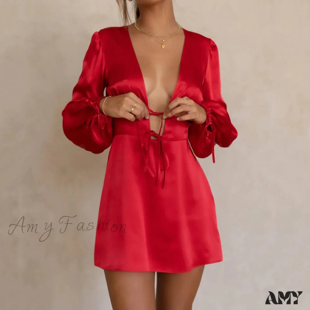 Amy Fashion - Elegant Puff Long Sleeve Slim Dresses