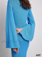 Amy Fashion - Elegant Women Knitted Patchwork Vintage Flare Sleeve Round Neck Slim Fit Solid Party