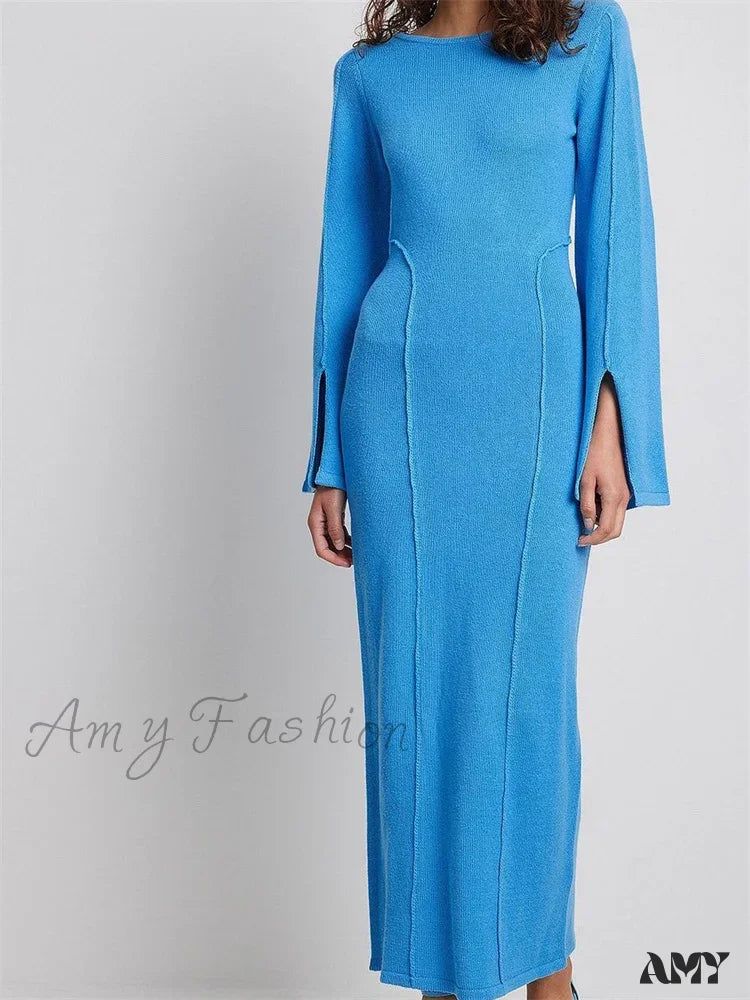 Amy Fashion - Elegant Women Knitted Patchwork Vintage Flare Sleeve Round Neck Slim Fit Solid Party